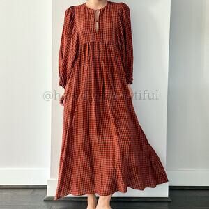 MR. LARKIN Checkered Burnt Orange Balloon Sleeves Maxi Dress